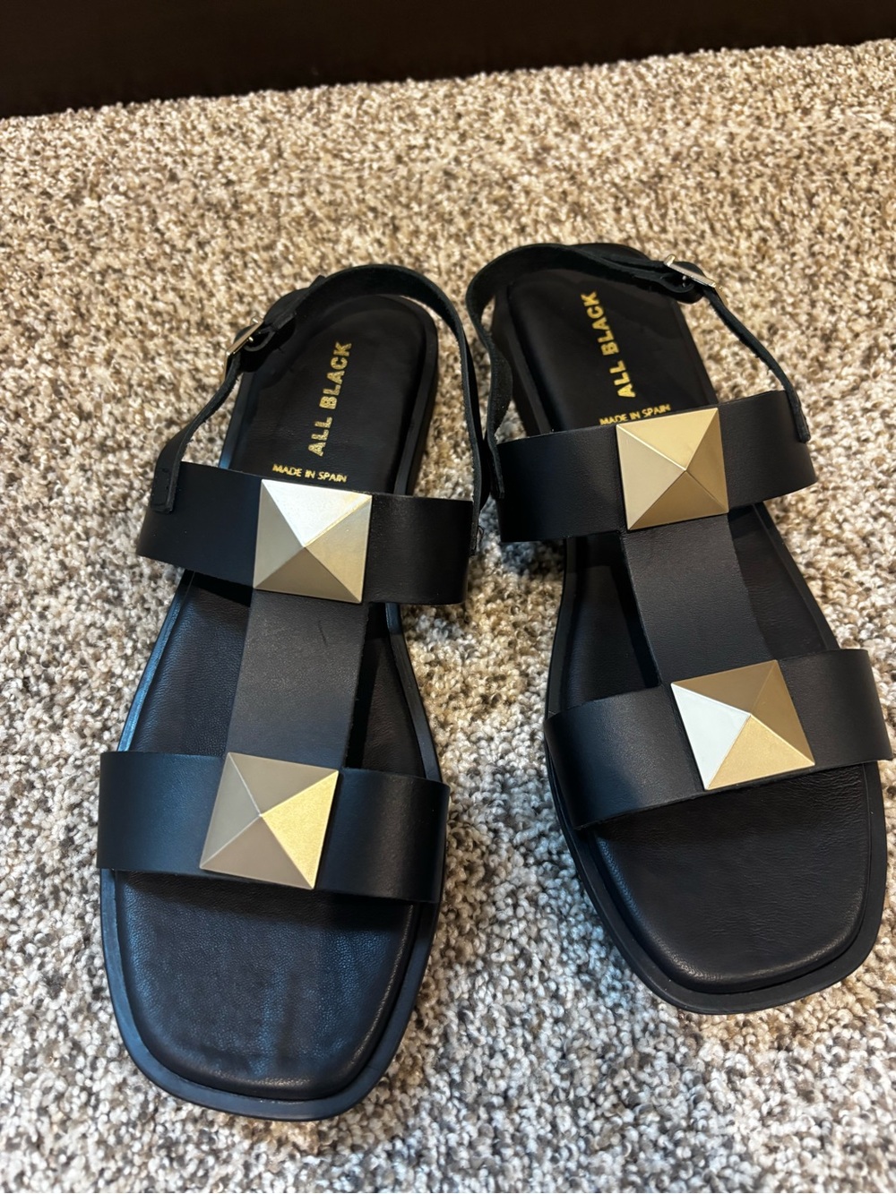 All Black Black Leather Pyramid-Stud Slingback Sandals